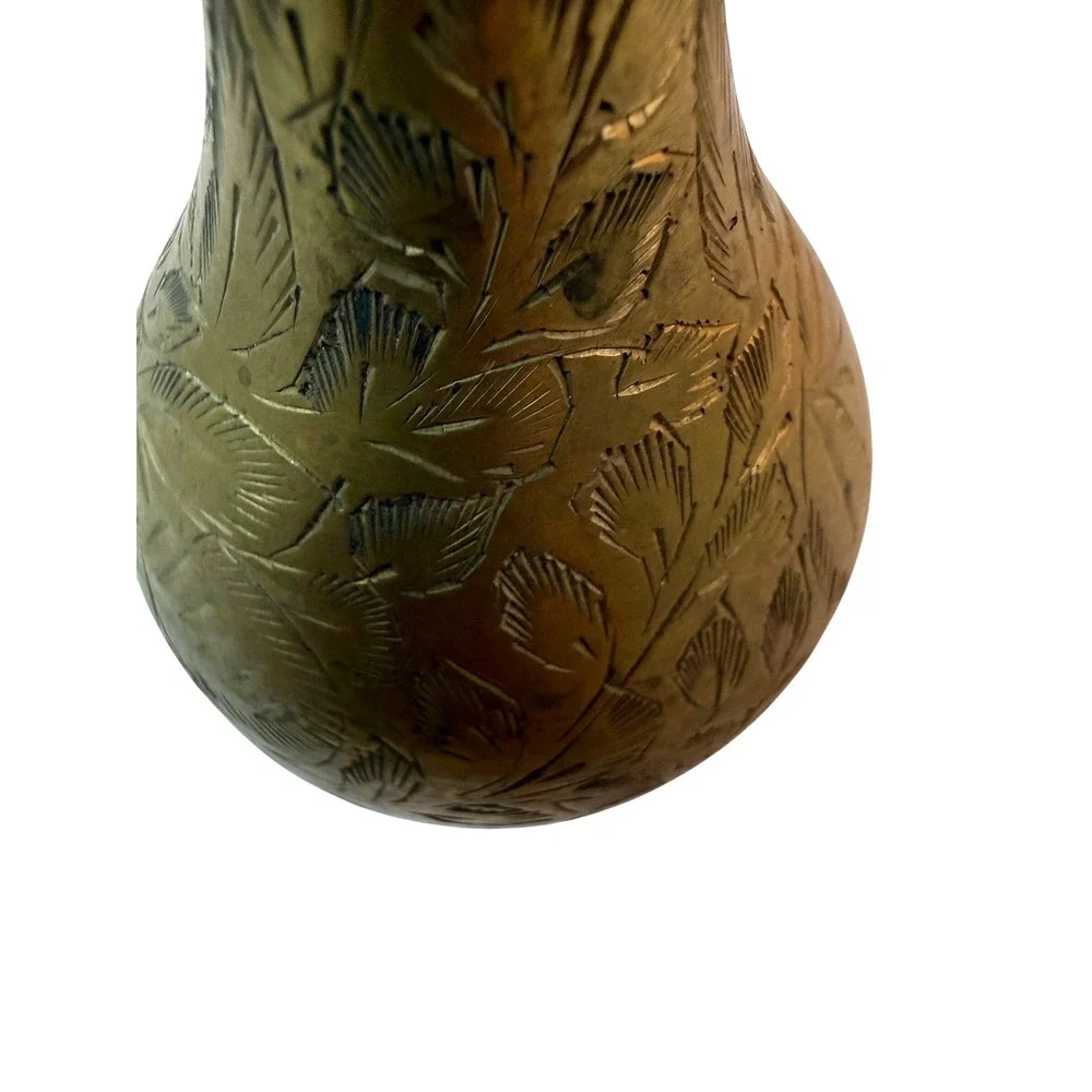 Vintage‎ Etched Brass Bud Vase Hand Engraved Floral Boho Hollywood Regency Decor